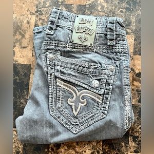 Mens Rock Revival Grey Denim size 32 Jasper Straight Inseam 34.